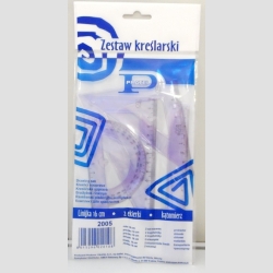 Zestaw kreślarski : linijka, ekierka, kątomierz